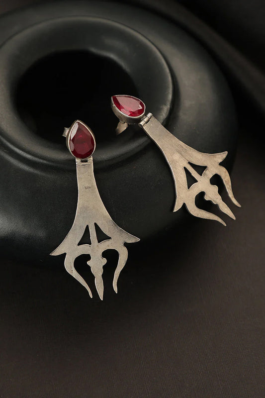 White Finish Ruby Stone Shiva Dangler Earrings In Sterling Silver