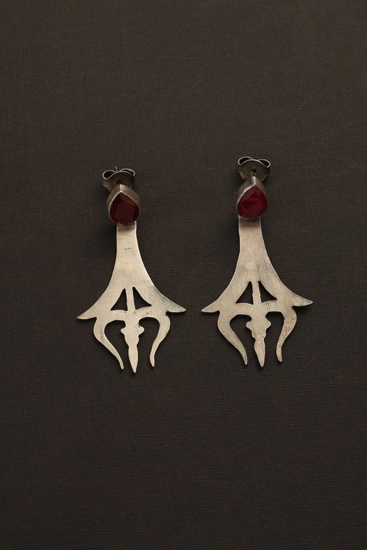 White Finish Ruby Stone Shiva Dangler Earrings In Sterling Silver