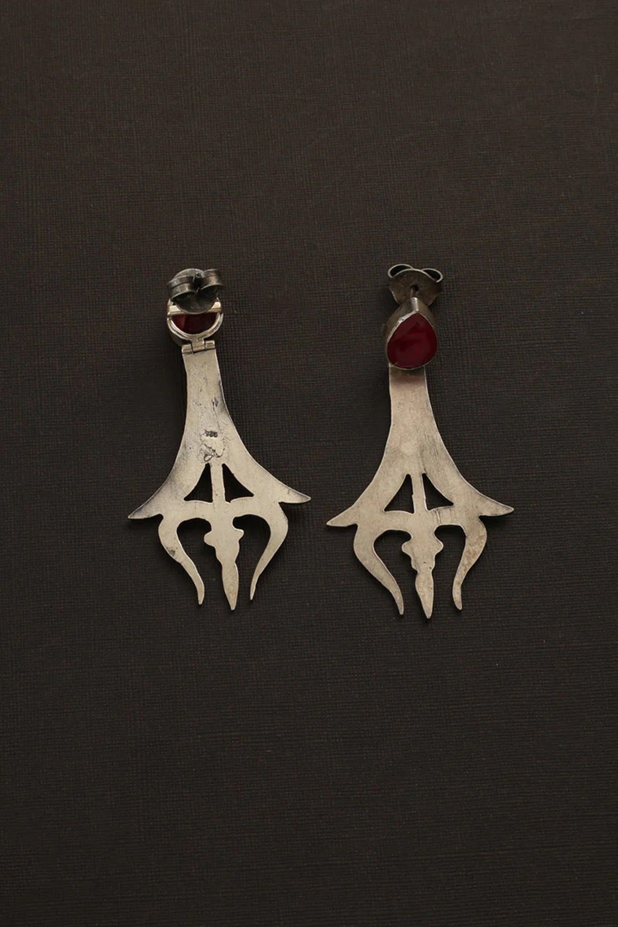 White Finish Ruby Stone Shiva Dangler Earrings In Sterling Silver