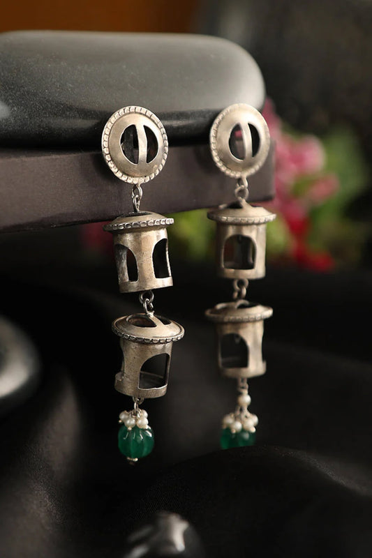 White Finish Green Onyx Dangler Earrings In Sterling Silver