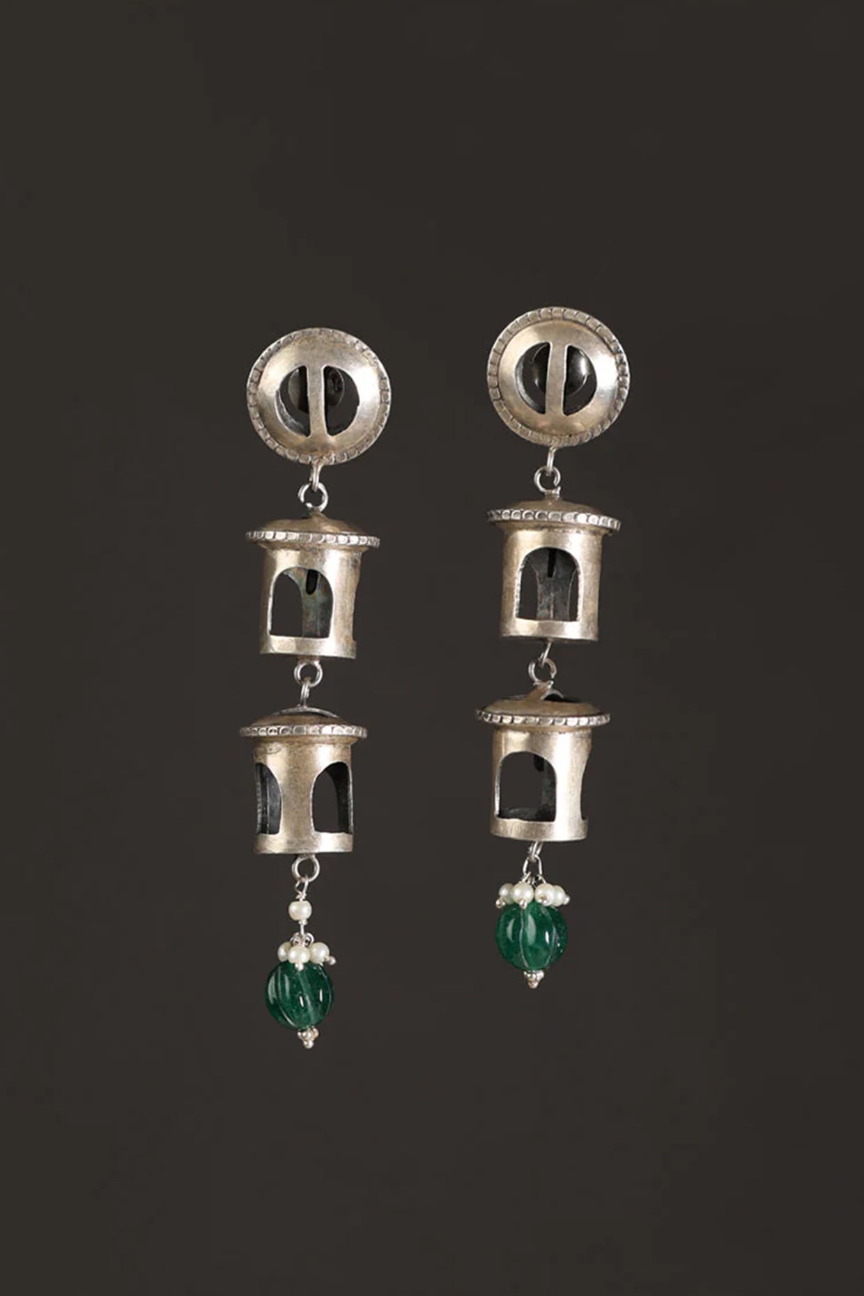 White Finish Green Onyx Dangler Earrings In Sterling Silver