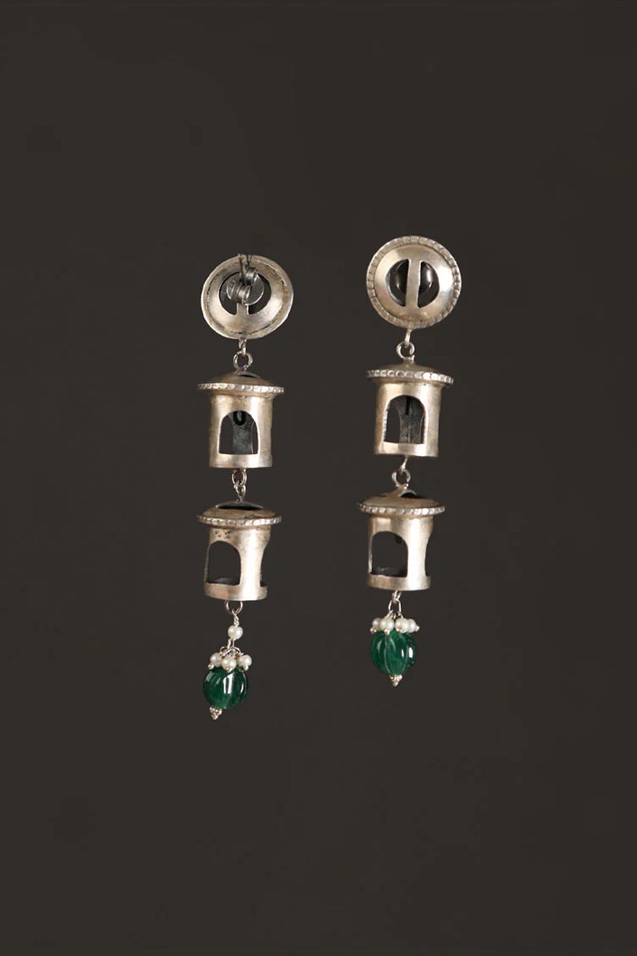 White Finish Green Onyx Dangler Earrings In Sterling Silver