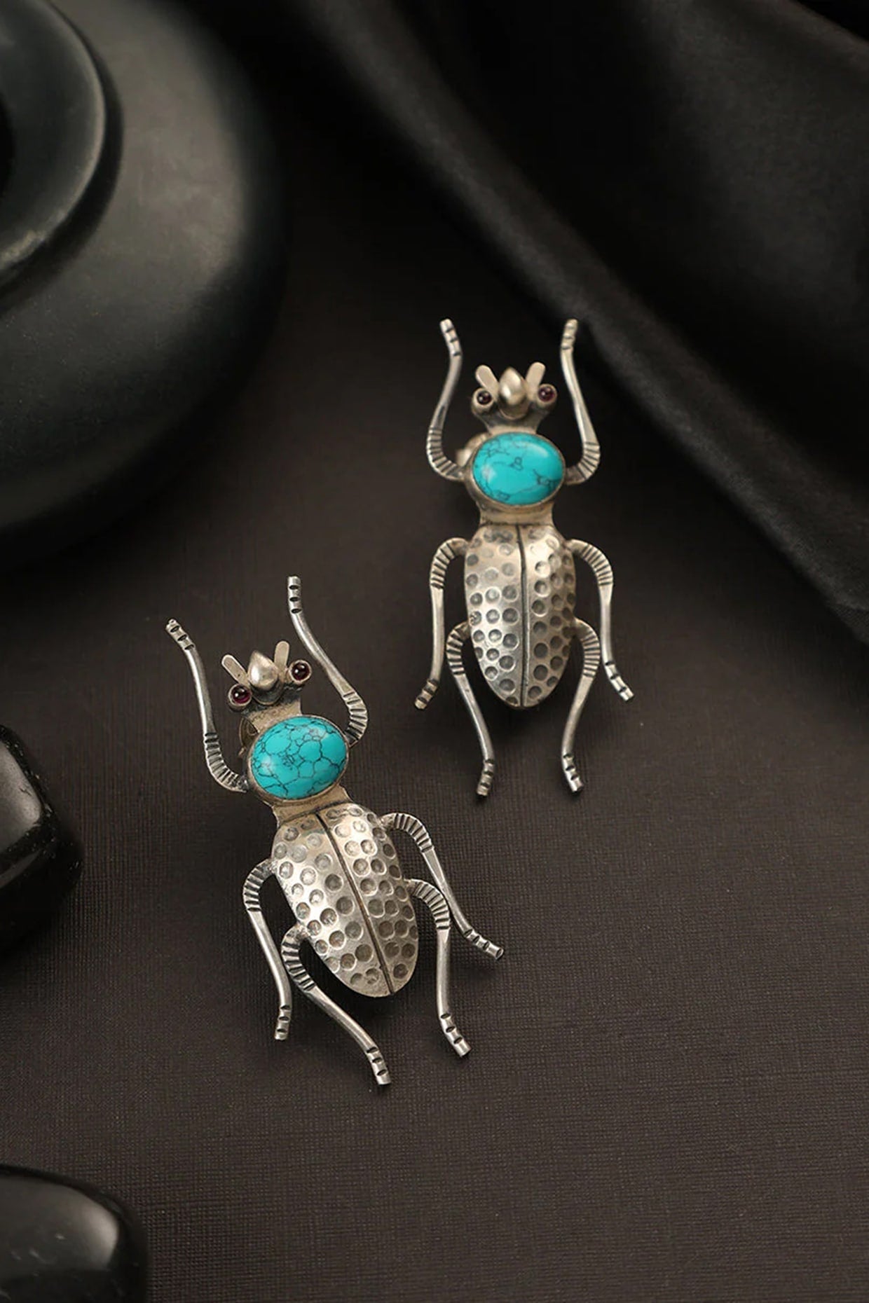 White Finish Turquoise Stone Bug Dangler Earrings In Sterling Silver