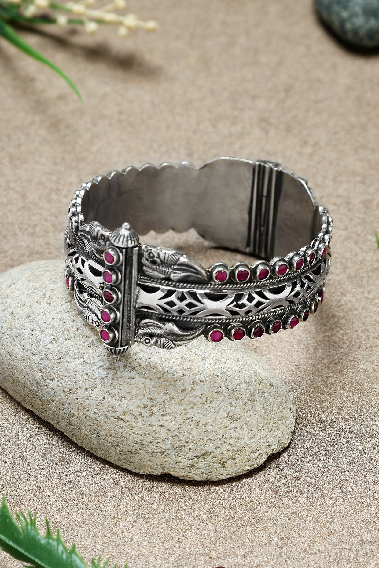 White Finish Ruby Stone Temple Kada In Sterling Silver