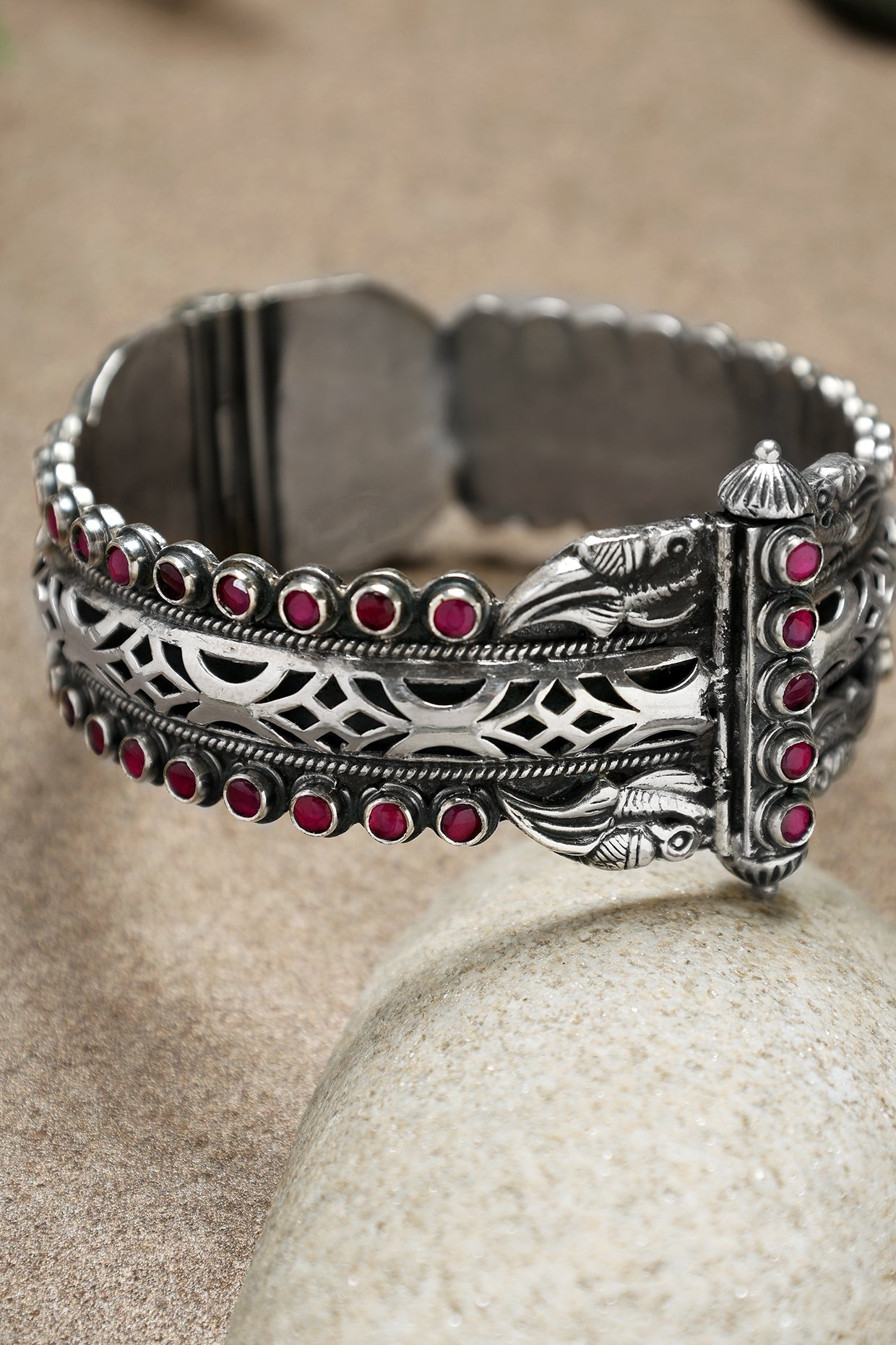 White Finish Ruby Stone Temple Kada In Sterling Silver