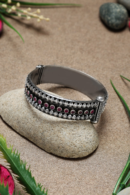 White Finish Ruby Stone Temple Kada In Sterling Silver