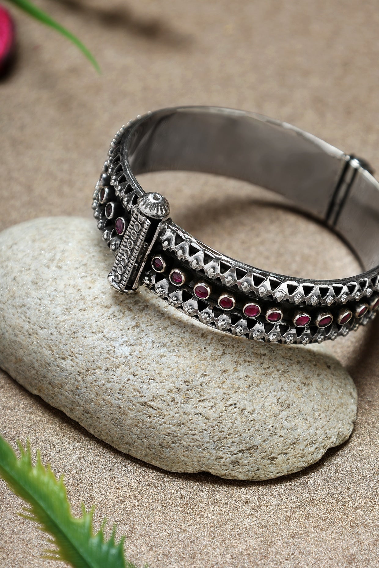 White Finish Ruby Stone Temple Kada In Sterling Silver