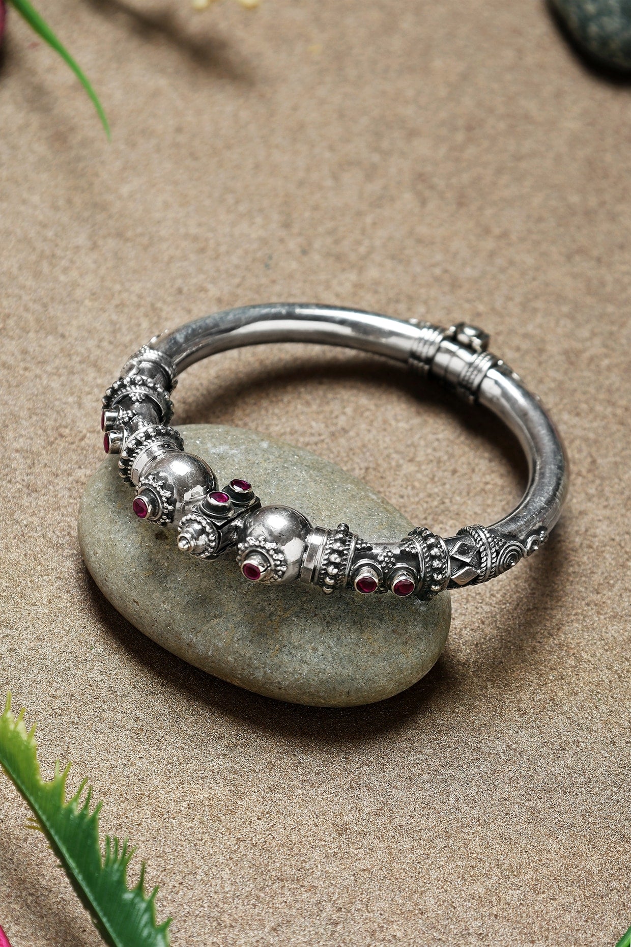 White Finish Ruby Stone Temple Kada In Sterling Silver