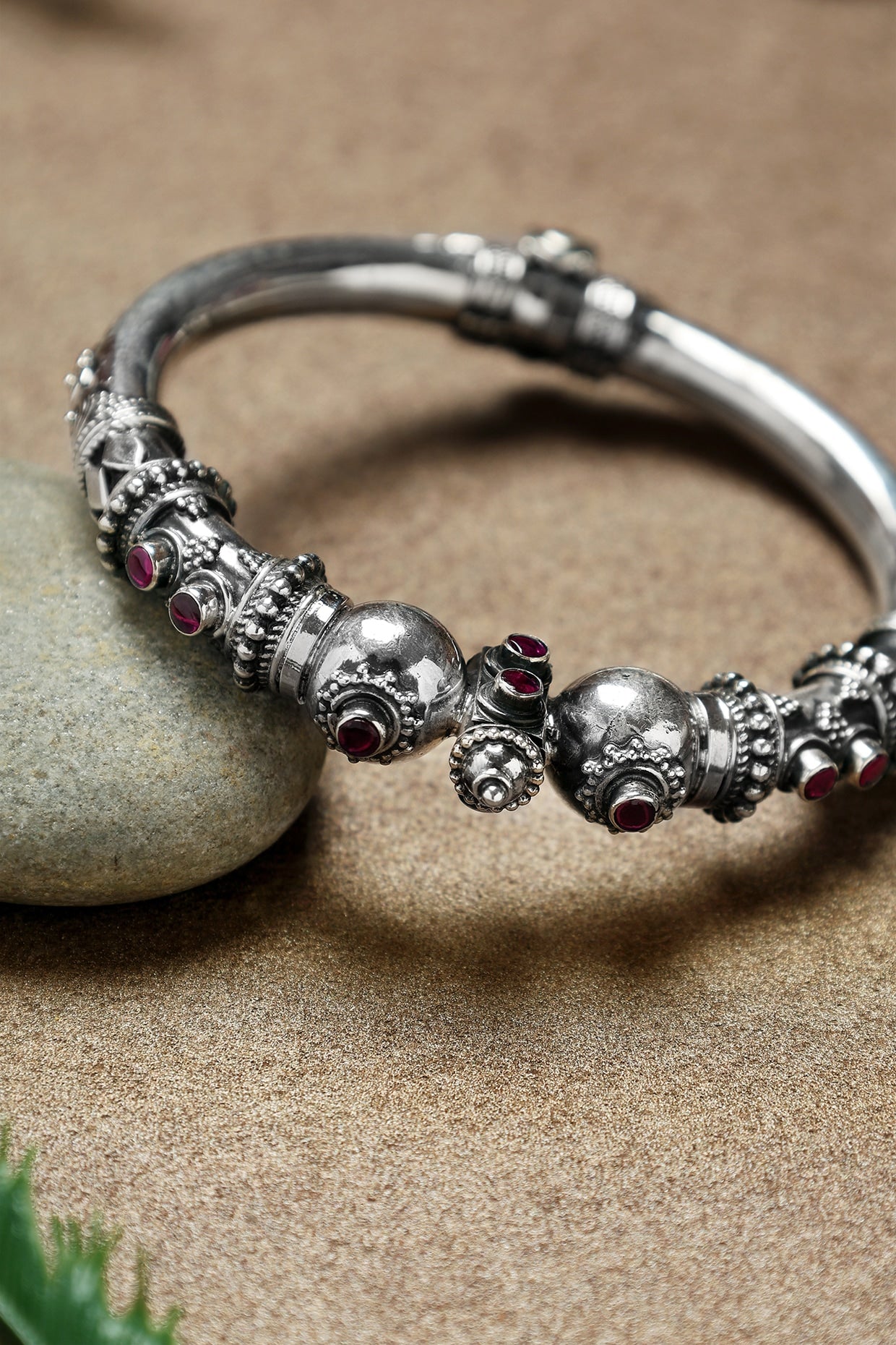 White Finish Ruby Stone Temple Kada In Sterling Silver