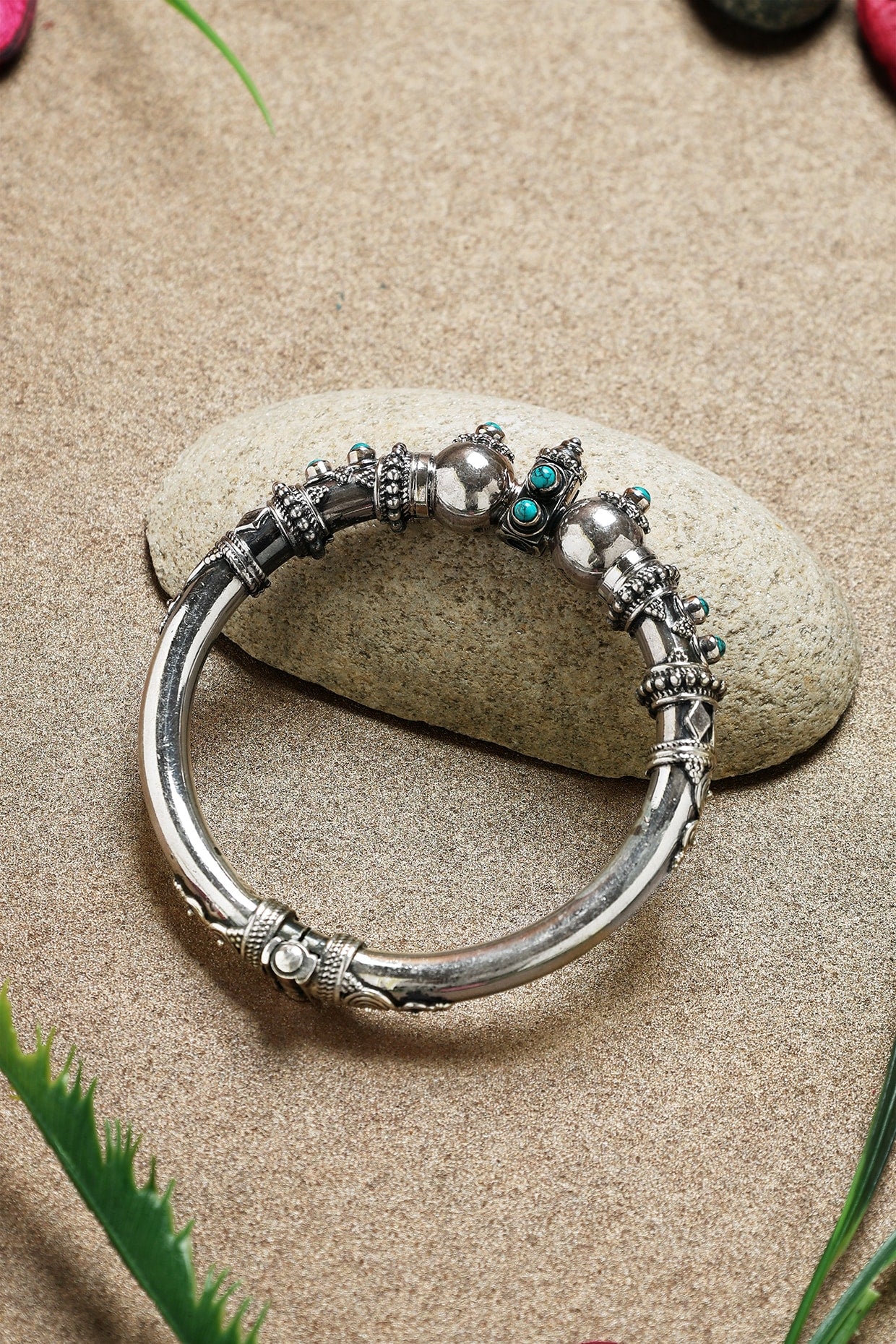 White Finish Turquoise Stone Temple Kada In Sterling Silver