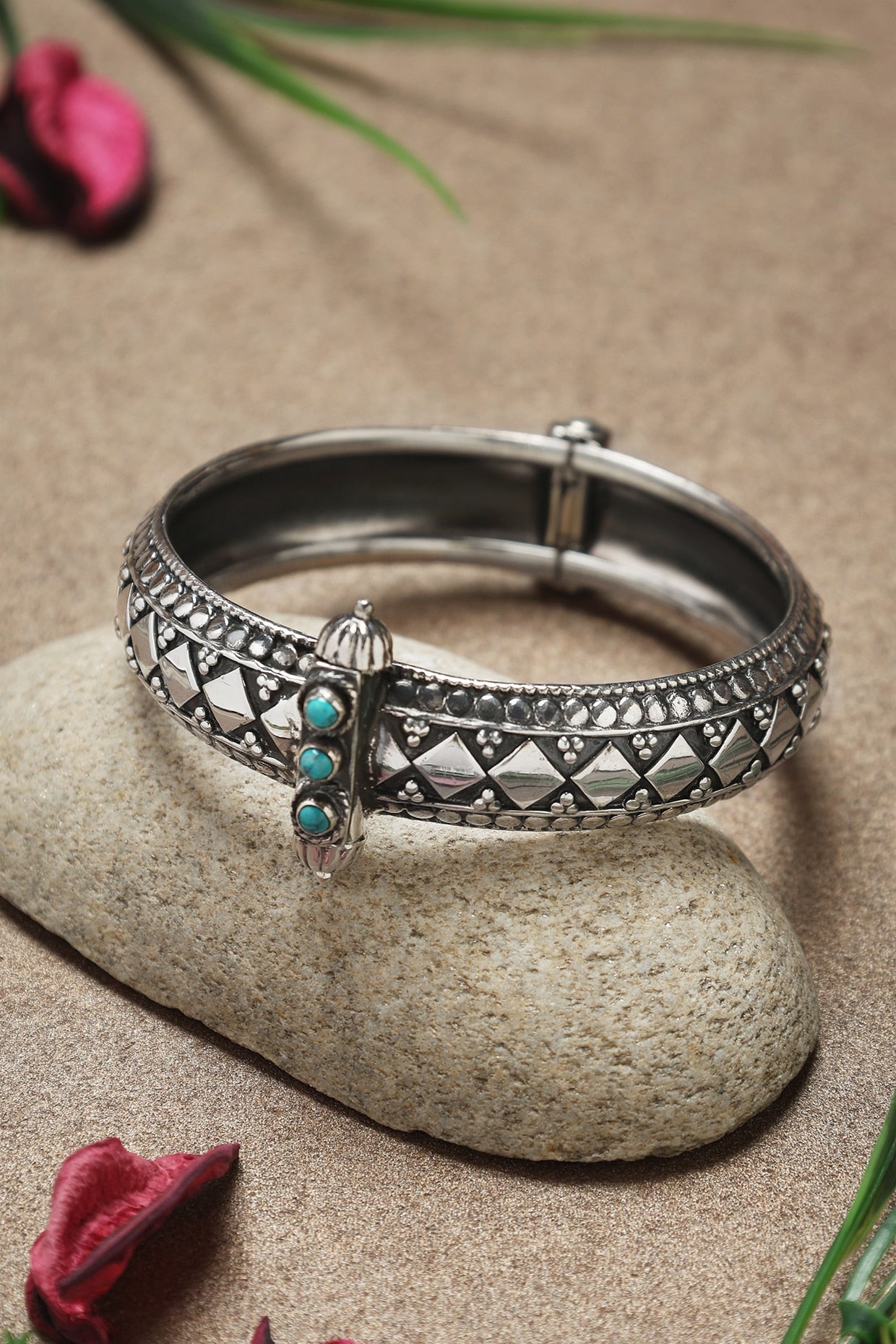 White Finish Turquoise Stone Temple Kada In Sterling Silver