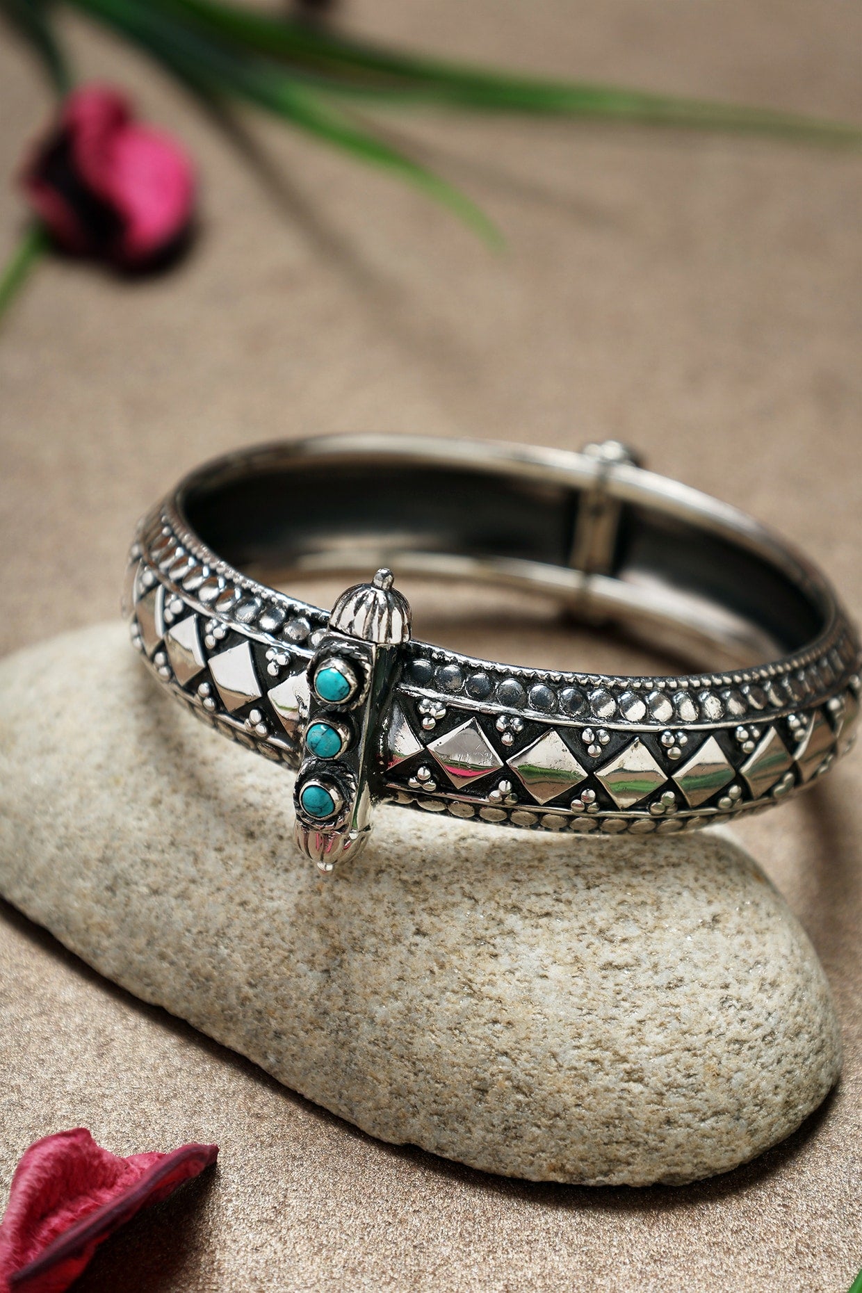 White Finish Turquoise Stone Temple Kada In Sterling Silver