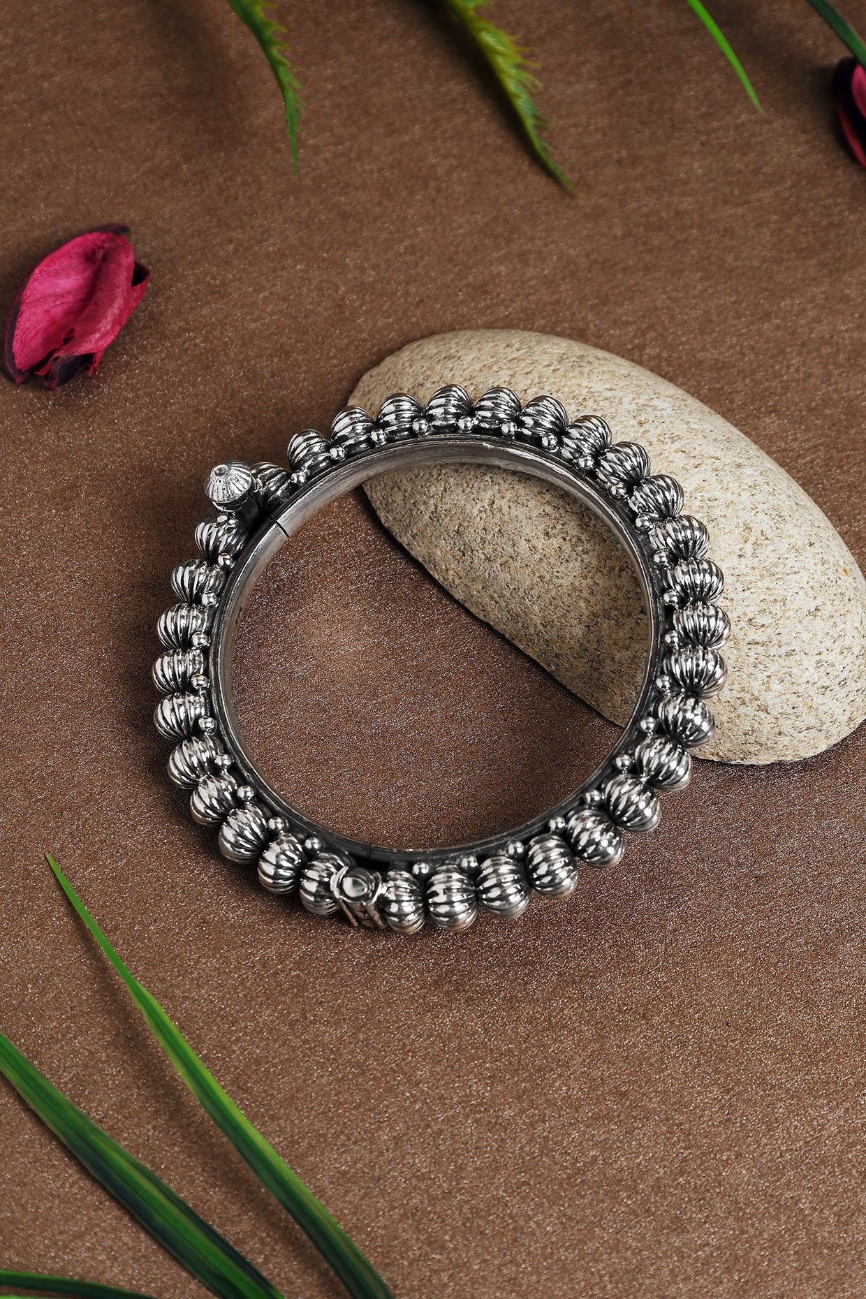 White Finish Textured Beaded Temple Kada In Sterling Silver