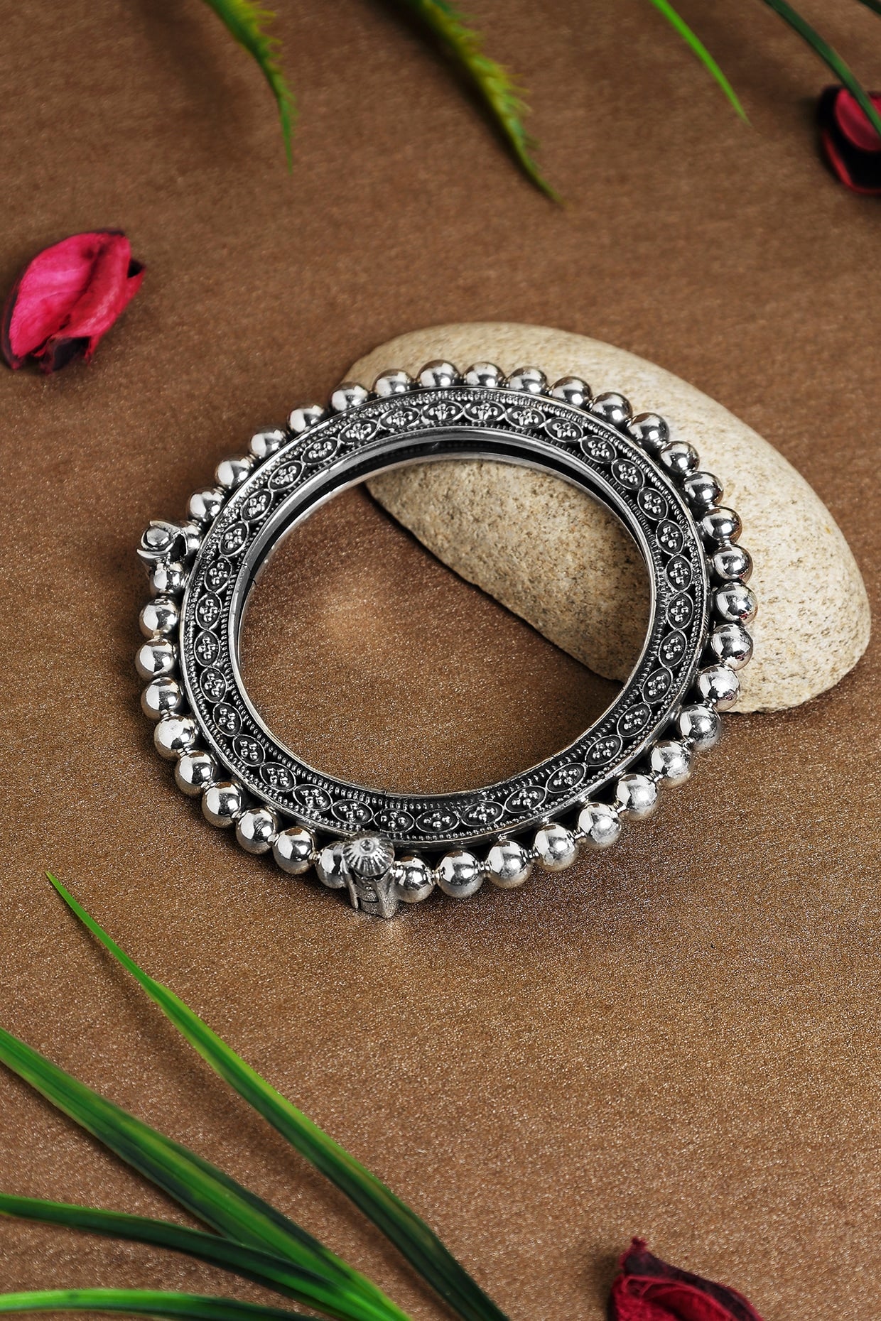 White Finish Beaded Temple Kada In Sterling Silver