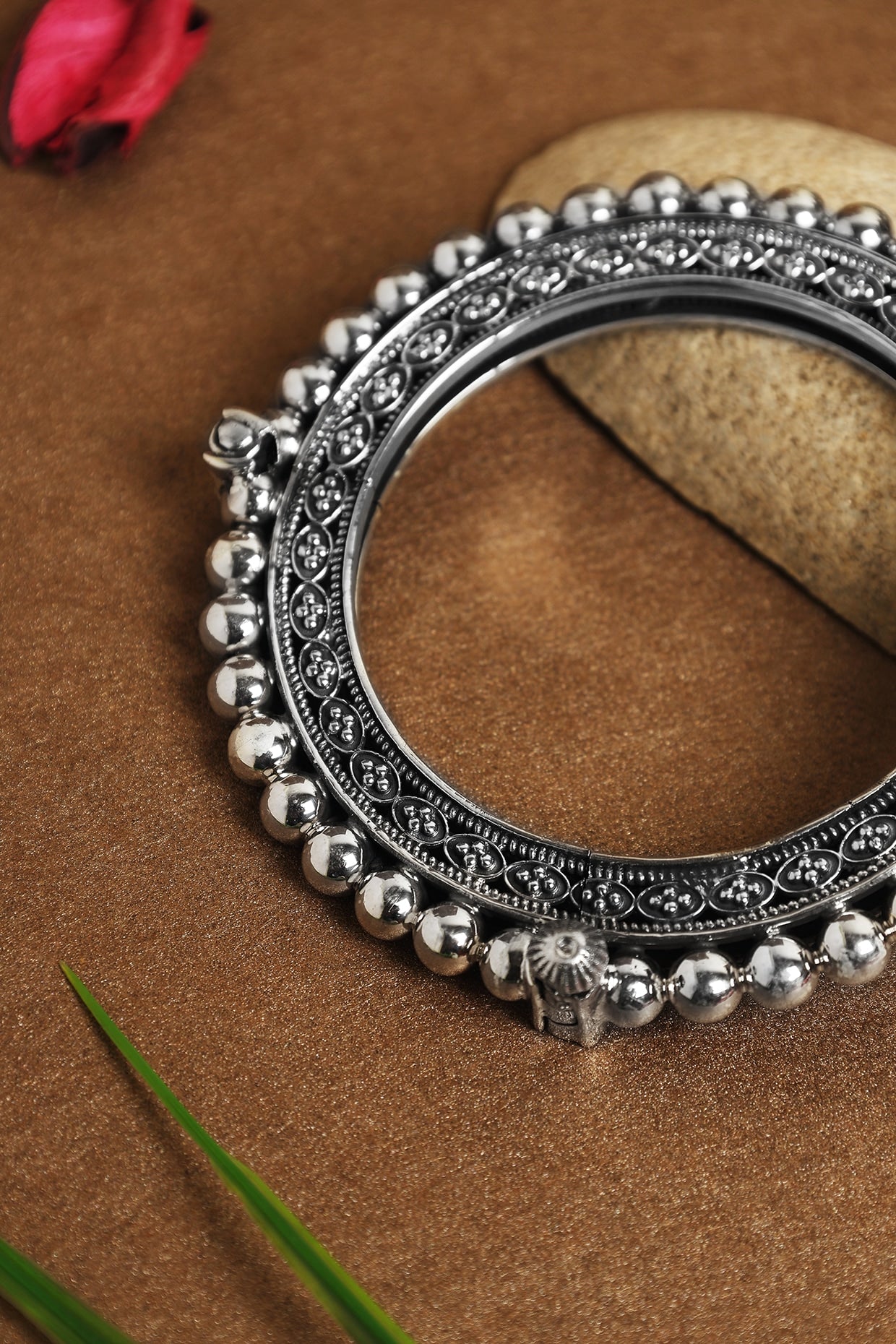 White Finish Beaded Temple Kada In Sterling Silver