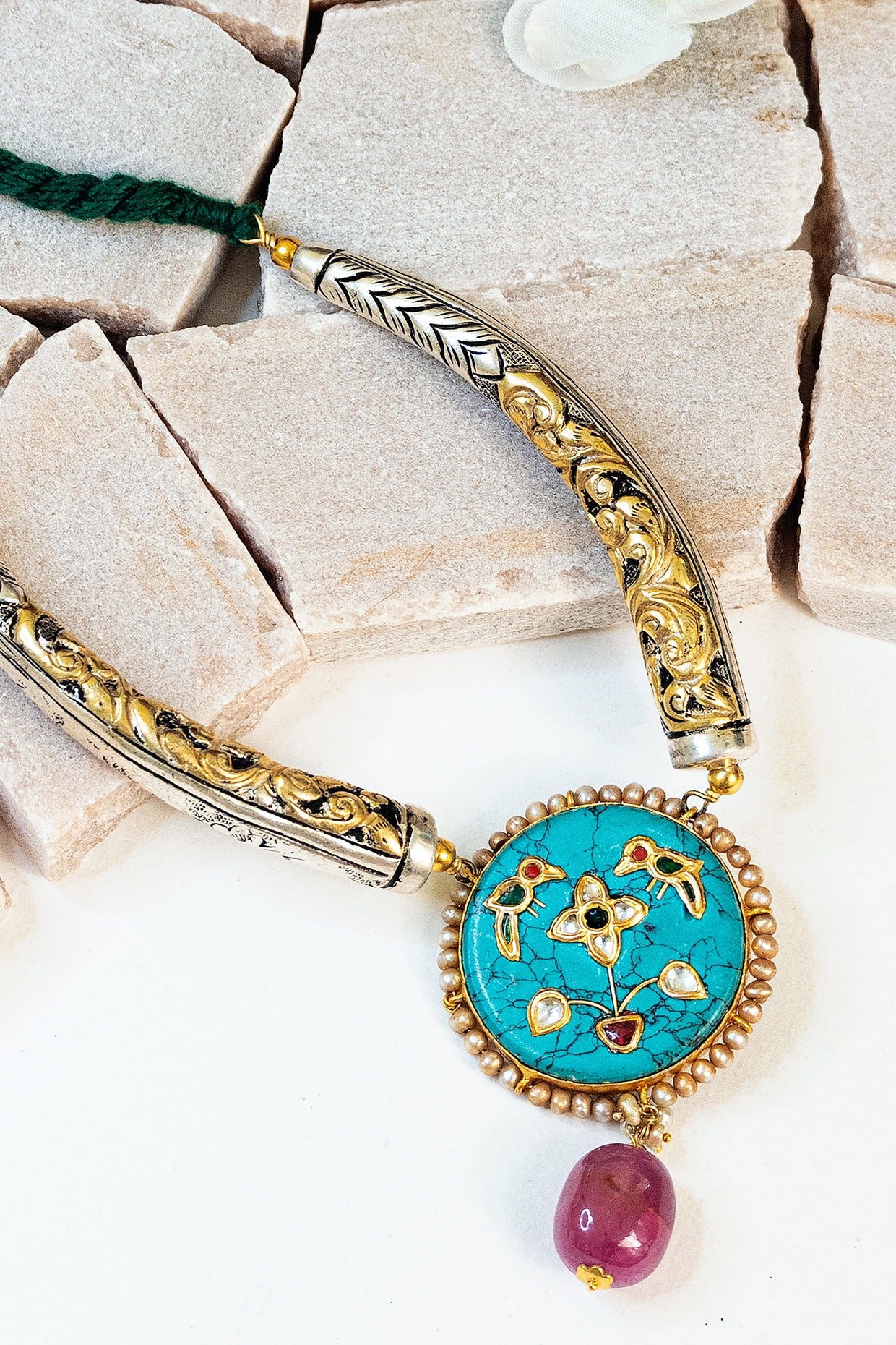 Two Tone Finish Turquoise & Kundan Tribal Long Necklace In Sterling Silver