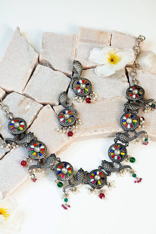 Two Tone Finish Multi-Colored Stone & Kundan Tribal Necklace Set In Sterling Silver