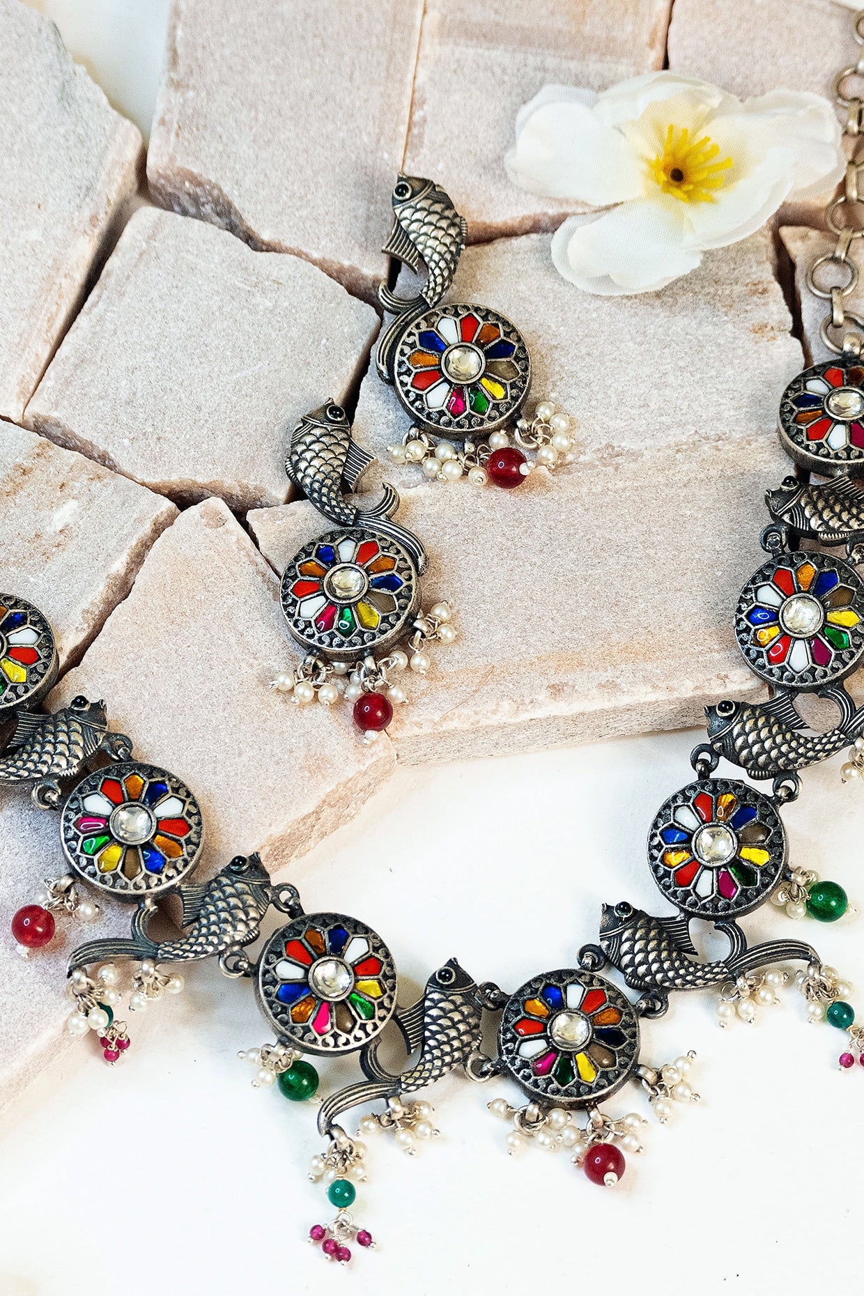 Two Tone Finish Multi-Colored Stone & Kundan Tribal Necklace Set In Sterling Silver