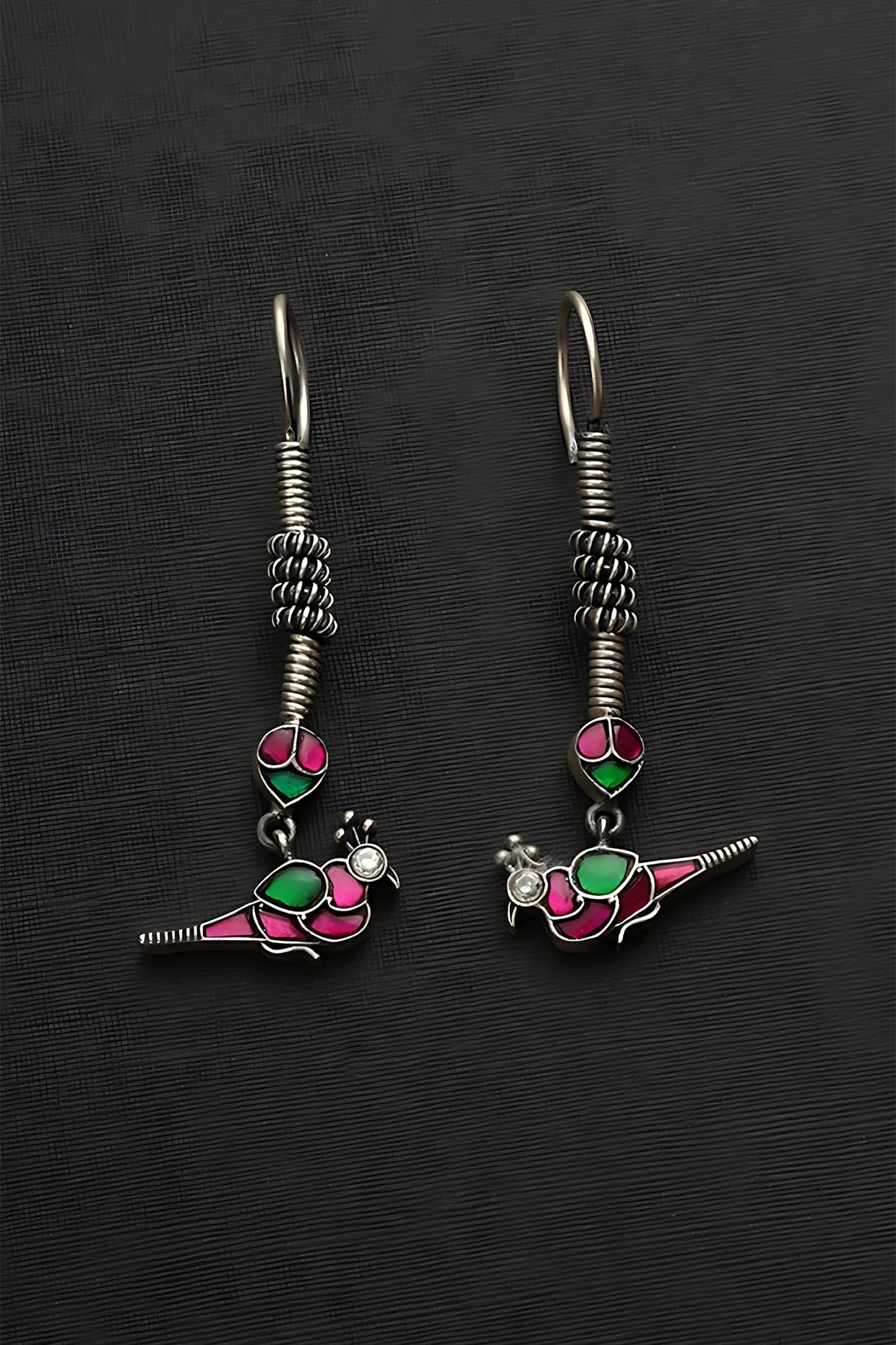 White Finish Pink & Green Kundan Polki Peacock Temple Dangler Earrings In Sterling Silver