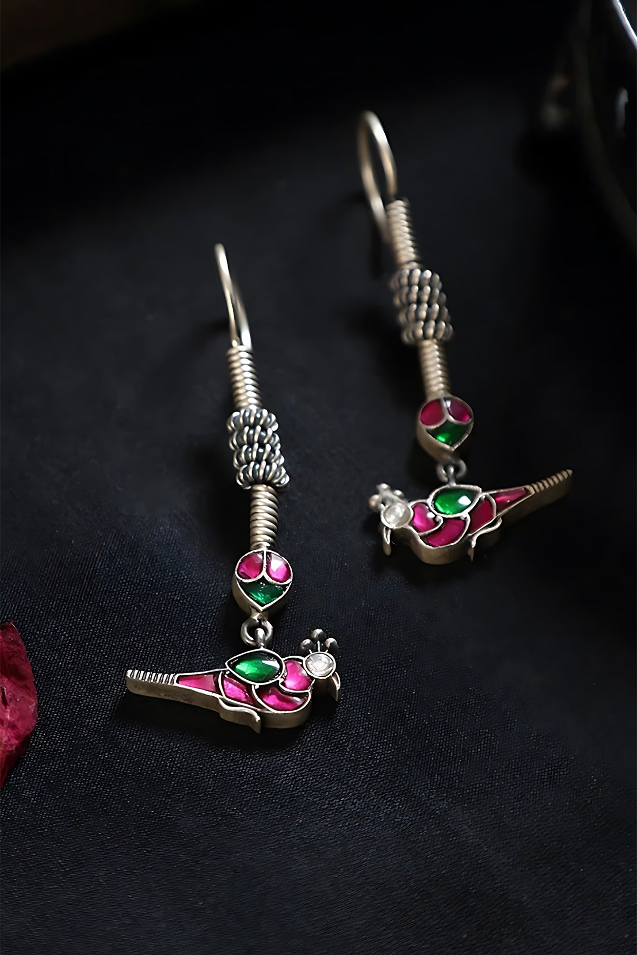 White Finish Pink & Green Kundan Polki Peacock Temple Dangler Earrings In Sterling Silver