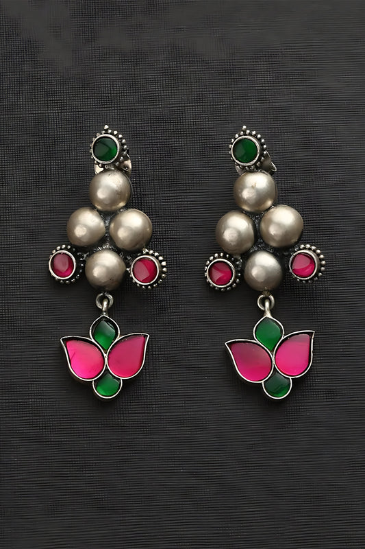 White Finish Pink & Green Kundan Polki Temple Drop Earrings In Sterling Silver