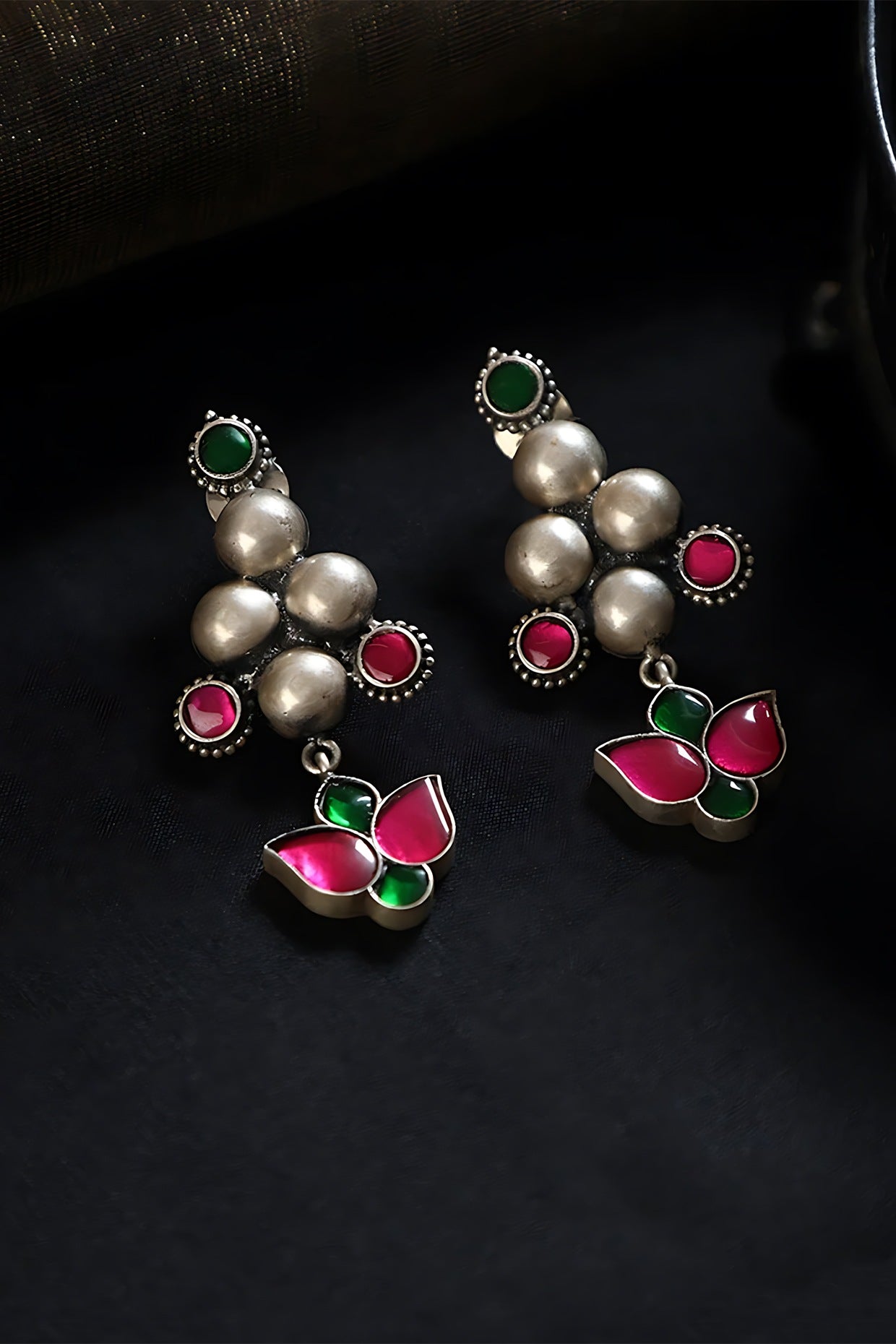 White Finish Pink & Green Kundan Polki Temple Drop Earrings In Sterling Silver