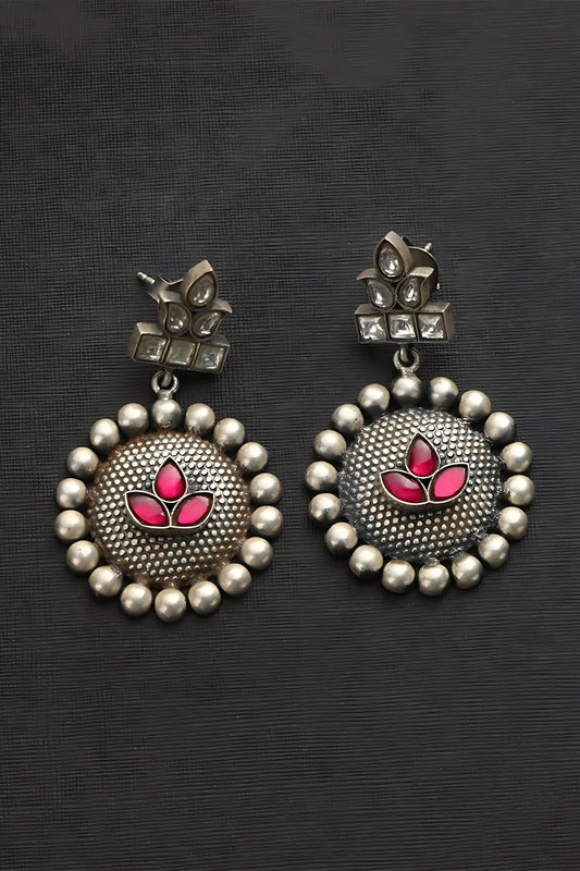 White Finish Pink Kundan Polki Leaf Anteiu Temple Dangler Earrings In Sterling Silver