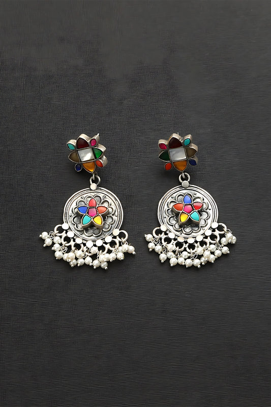 White Finish Kundan Polki & Navratna Pearl Temple Dangler Earrings In Sterling Silver