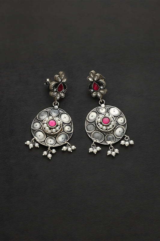 White Finish Pink Kundan Polki & Pearl Temple Dangler Earrings In Sterling Silver