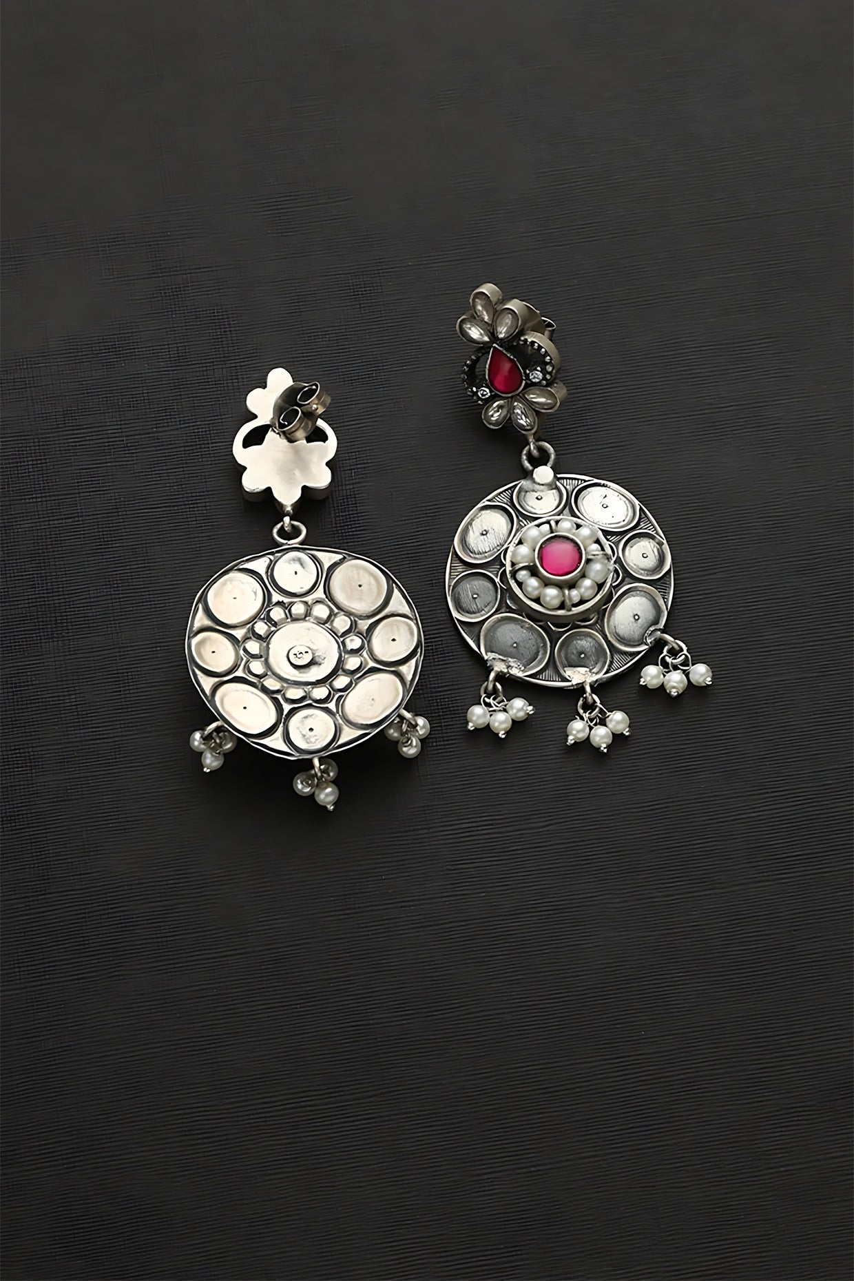 White Finish Pink Kundan Polki & Pearl Temple Dangler Earrings In Sterling Silver