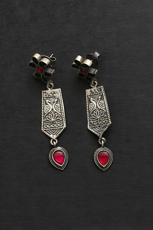 White Finish Red & Green Kundan Polki Temple Dangler Earrings In Sterling Silver