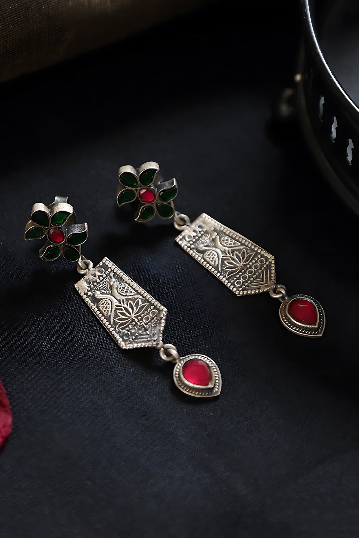 White Finish Red & Green Kundan Polki Temple Dangler Earrings In Sterling Silver