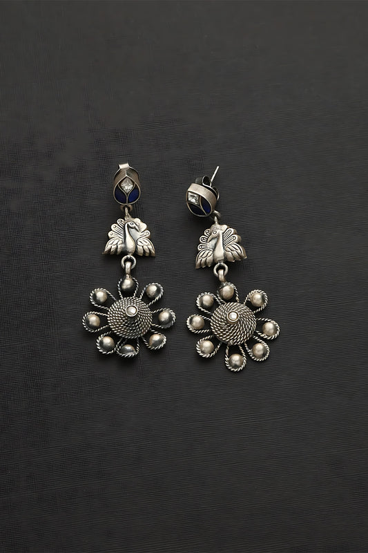 White Finish Kundan Polki Temple Peacock Earrings In Sterling Silver