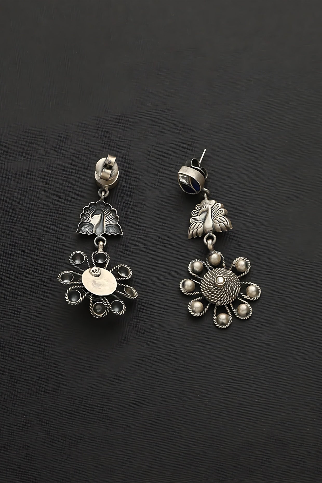 White Finish Kundan Polki Temple Peacock Earrings In Sterling Silver