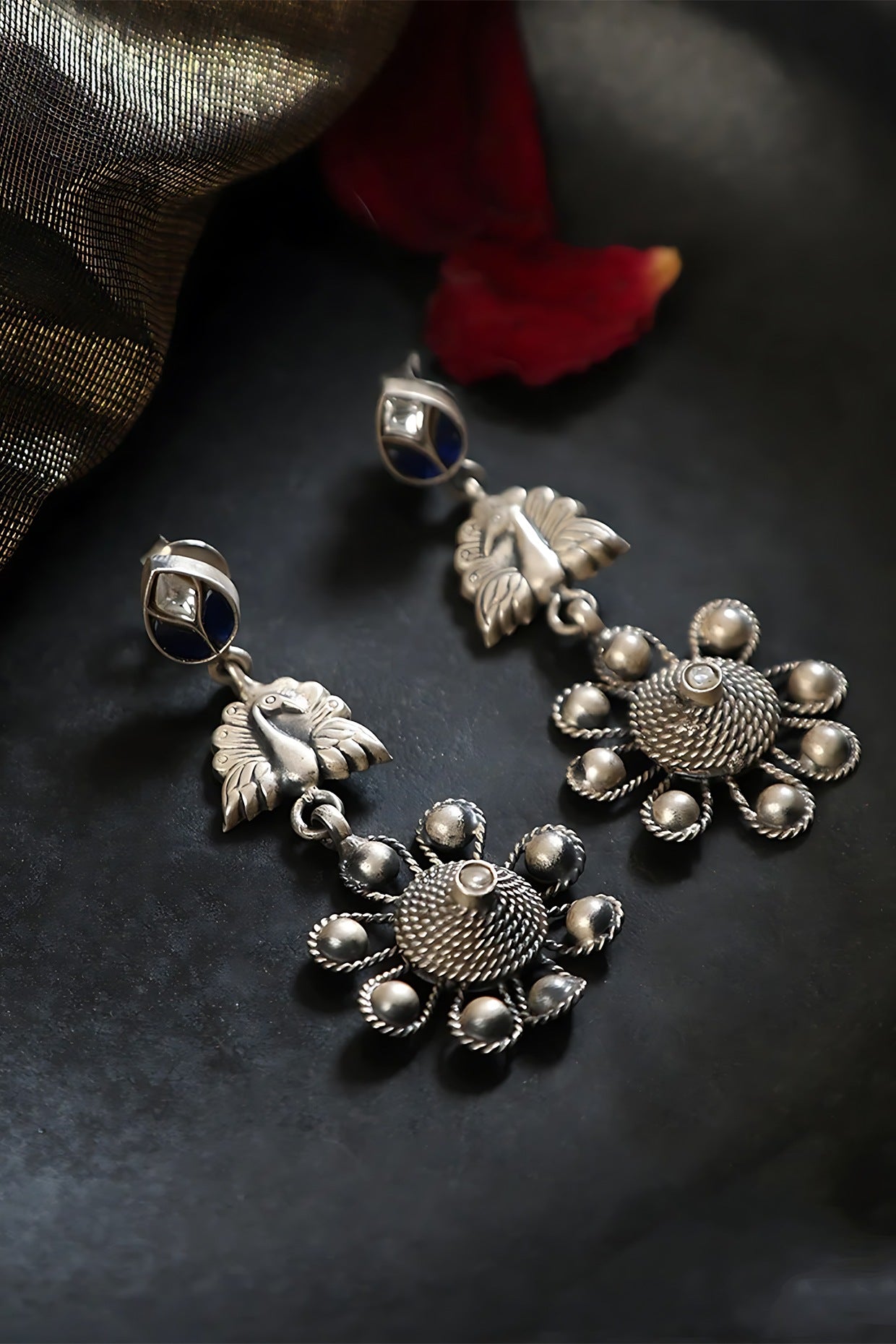 White Finish Kundan Polki Temple Peacock Earrings In Sterling Silver