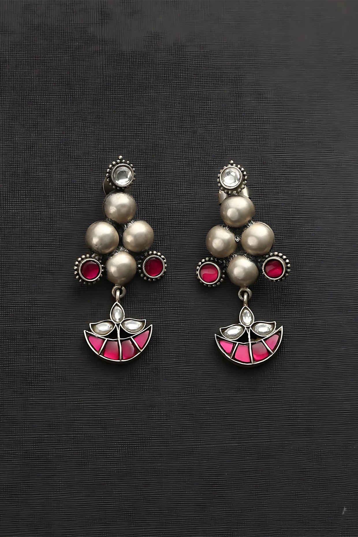 White Finish Pink Kundan Polki Temple Earrings In Sterling Silver