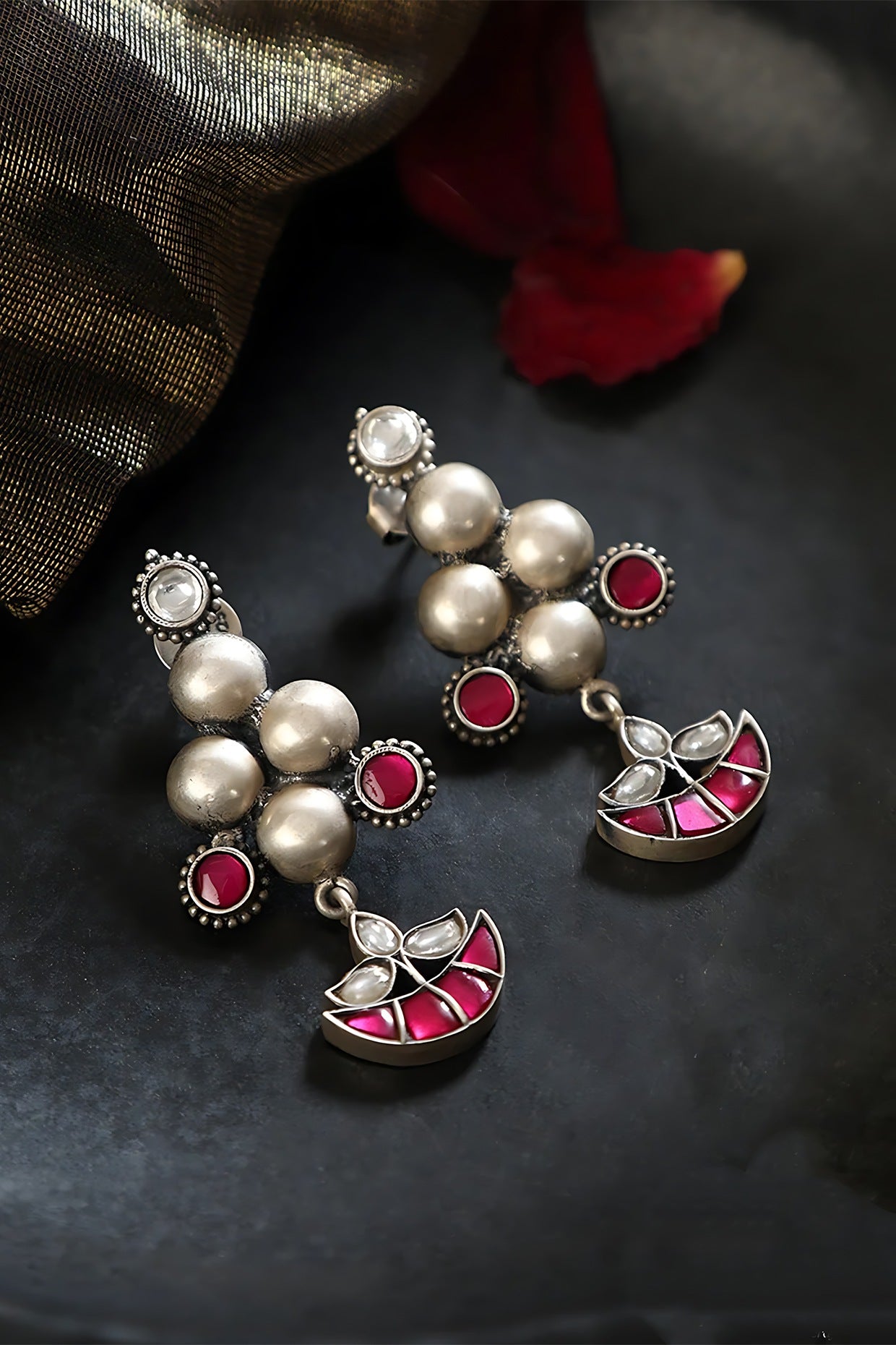 White Finish Pink Kundan Polki Temple Earrings In Sterling Silver