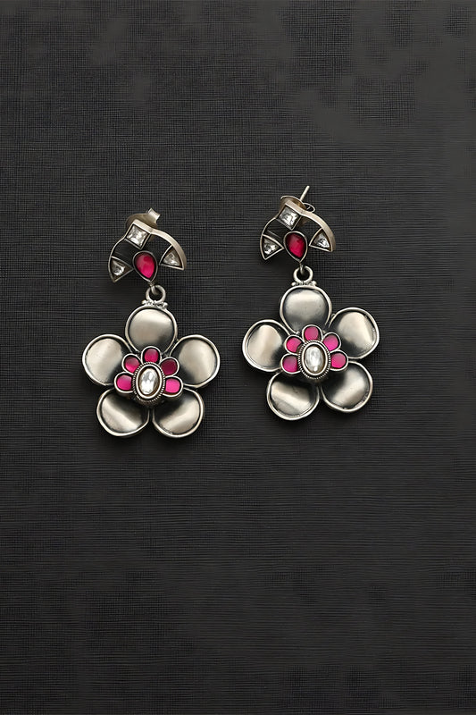 White Finish Pink Kundan Polki Temple Floral Earrings In Sterling Silver