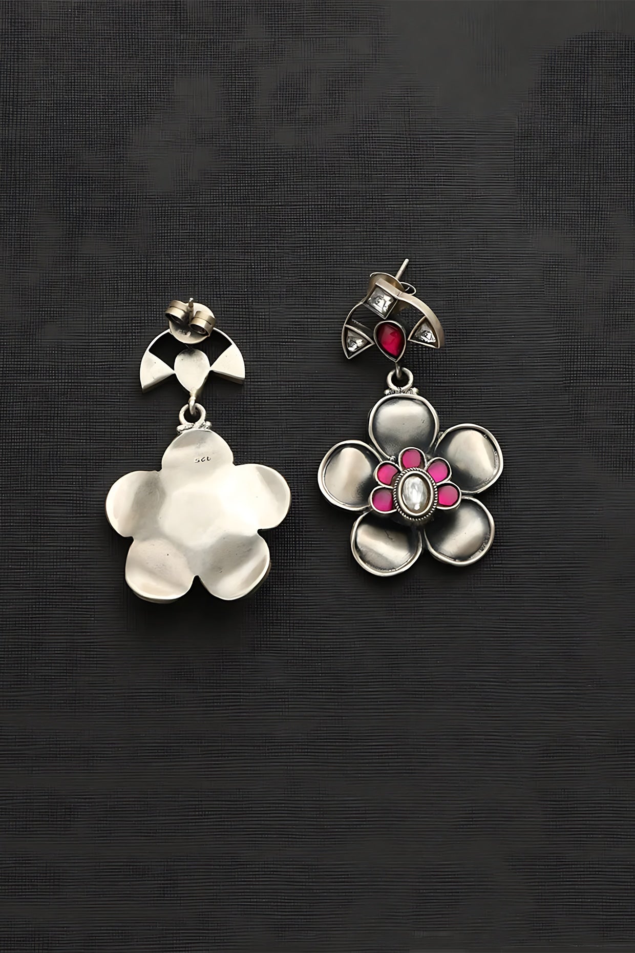 White Finish Pink Kundan Polki Temple Floral Earrings In Sterling Silver