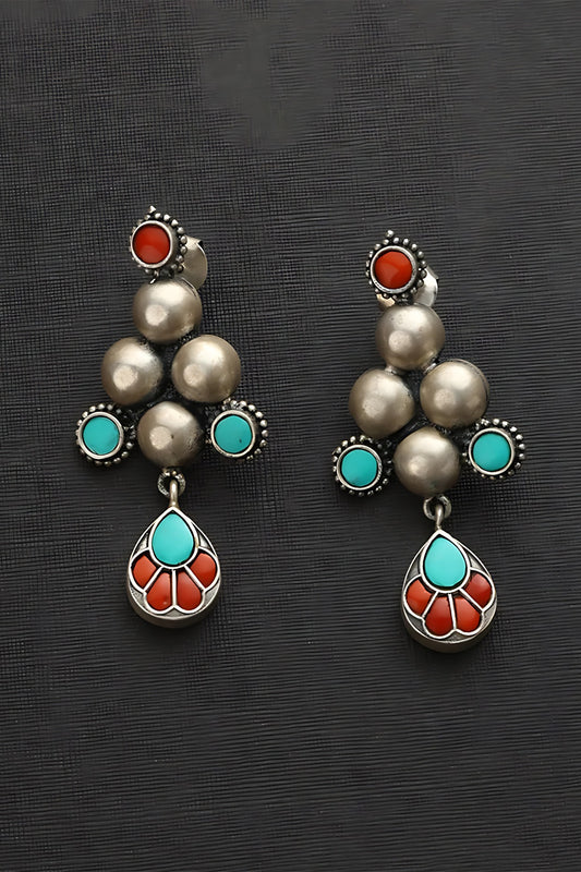 White Finish Kundan Polki & Turquoise Ball Temple Earrings In Sterling Silver