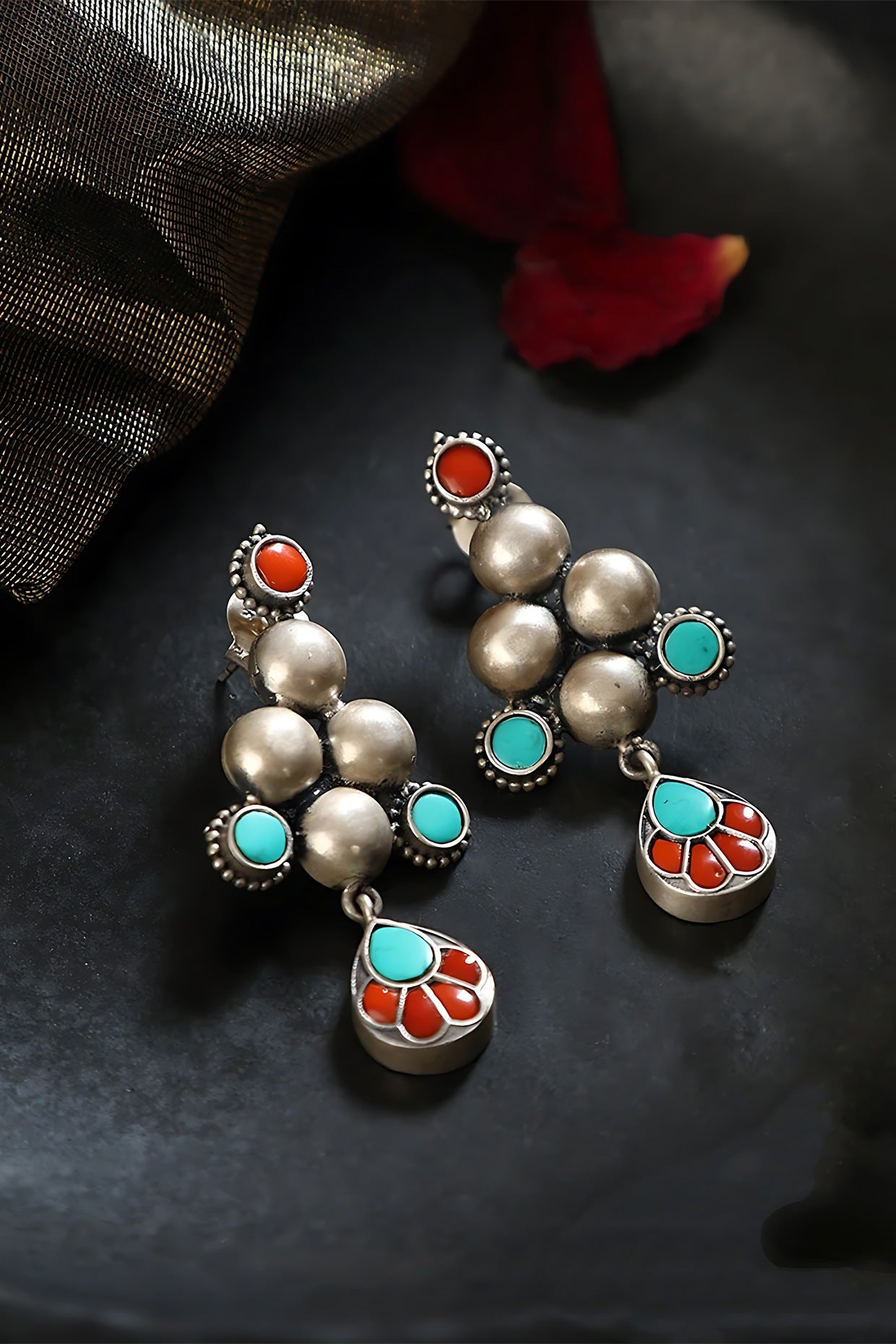 White Finish Kundan Polki & Turquoise Ball Temple Earrings In Sterling Silver