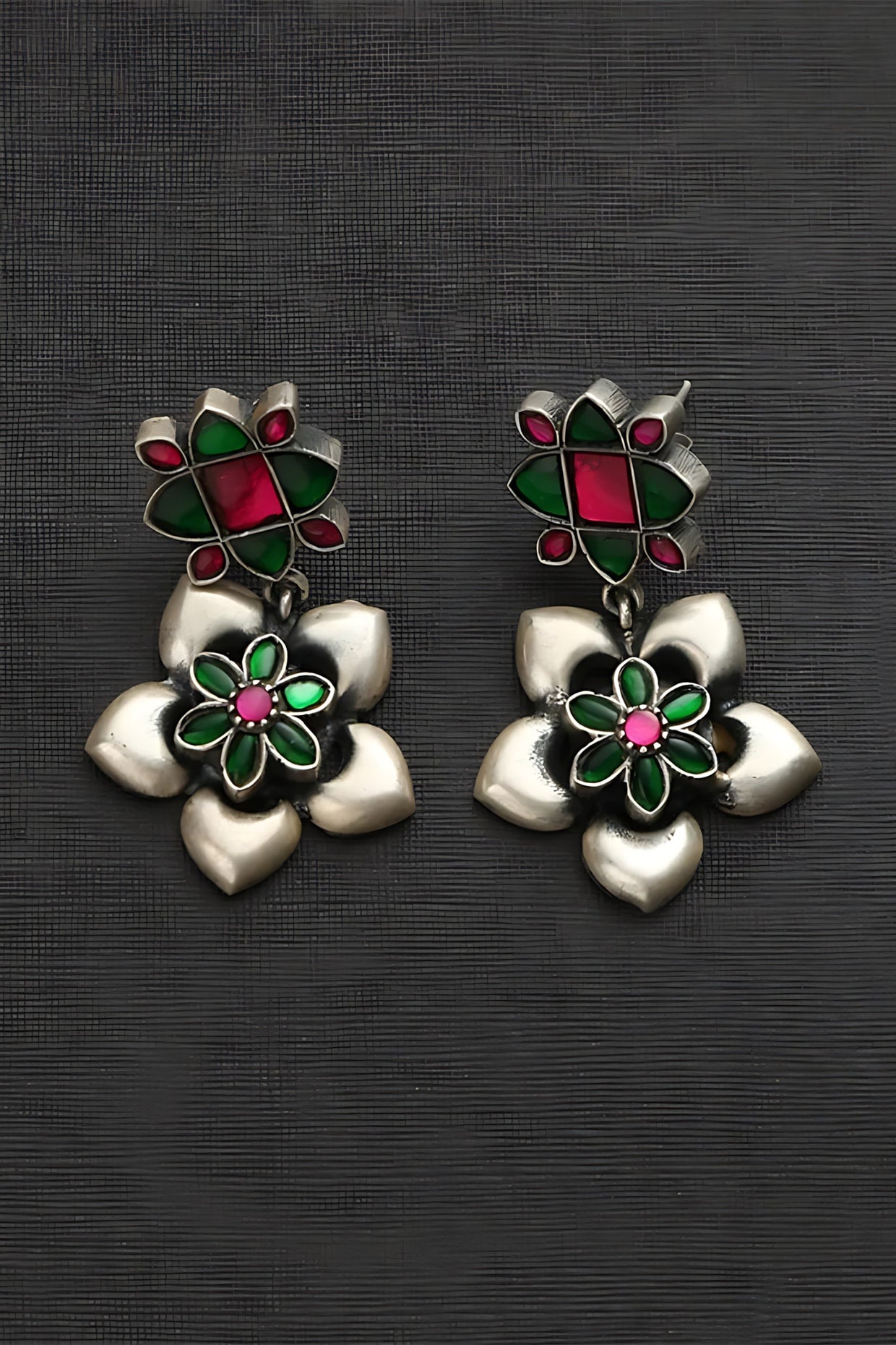 White Finish Pink & Green Kundan Polki Temple Floral Earrings In Sterling Silver