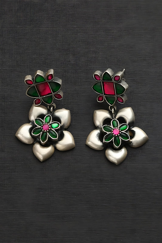 White Finish Pink & Green Kundan Polki Temple Floral Earrings In Sterling Silver