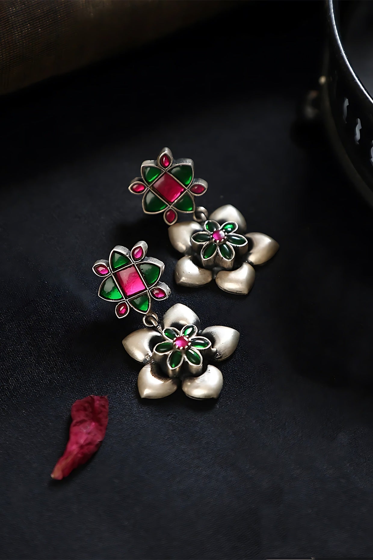 White Finish Pink & Green Kundan Polki Temple Floral Earrings In Sterling Silver