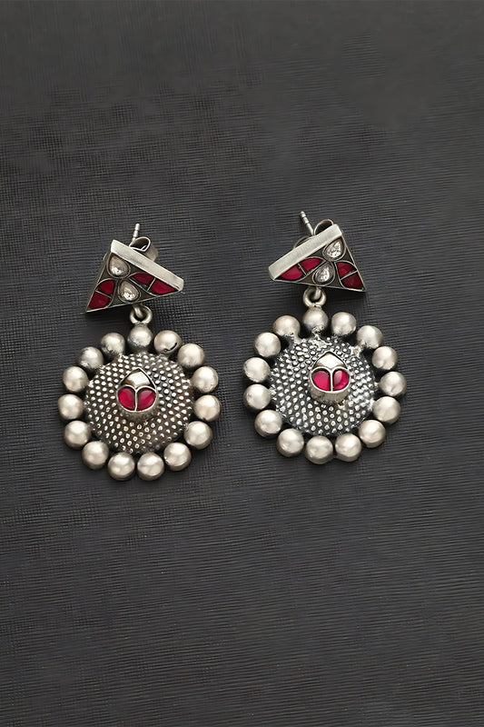 White Finish Pink Kundan Polki Temple Earrings In Sterling Silver