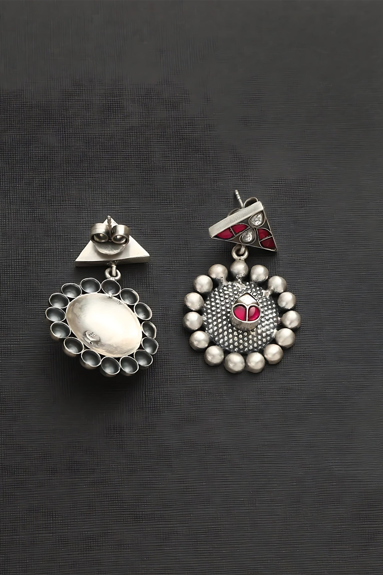 White Finish Pink Kundan Polki Temple Earrings In Sterling Silver