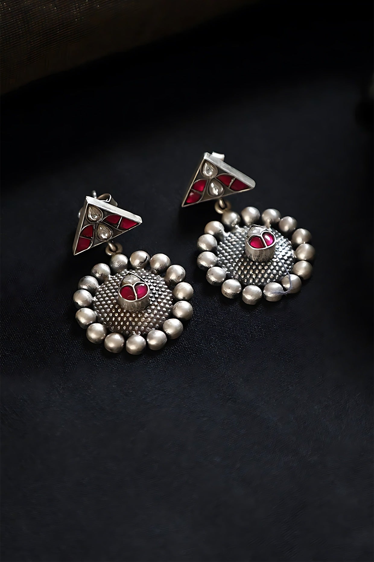 White Finish Pink Kundan Polki Temple Earrings In Sterling Silver