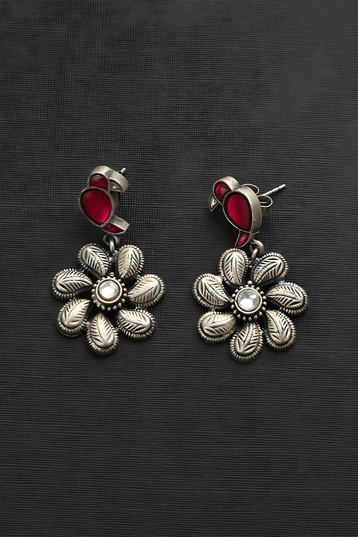 White Finish Red Kundan Polki Temple Bird & Floral Earrings In Sterling Silver