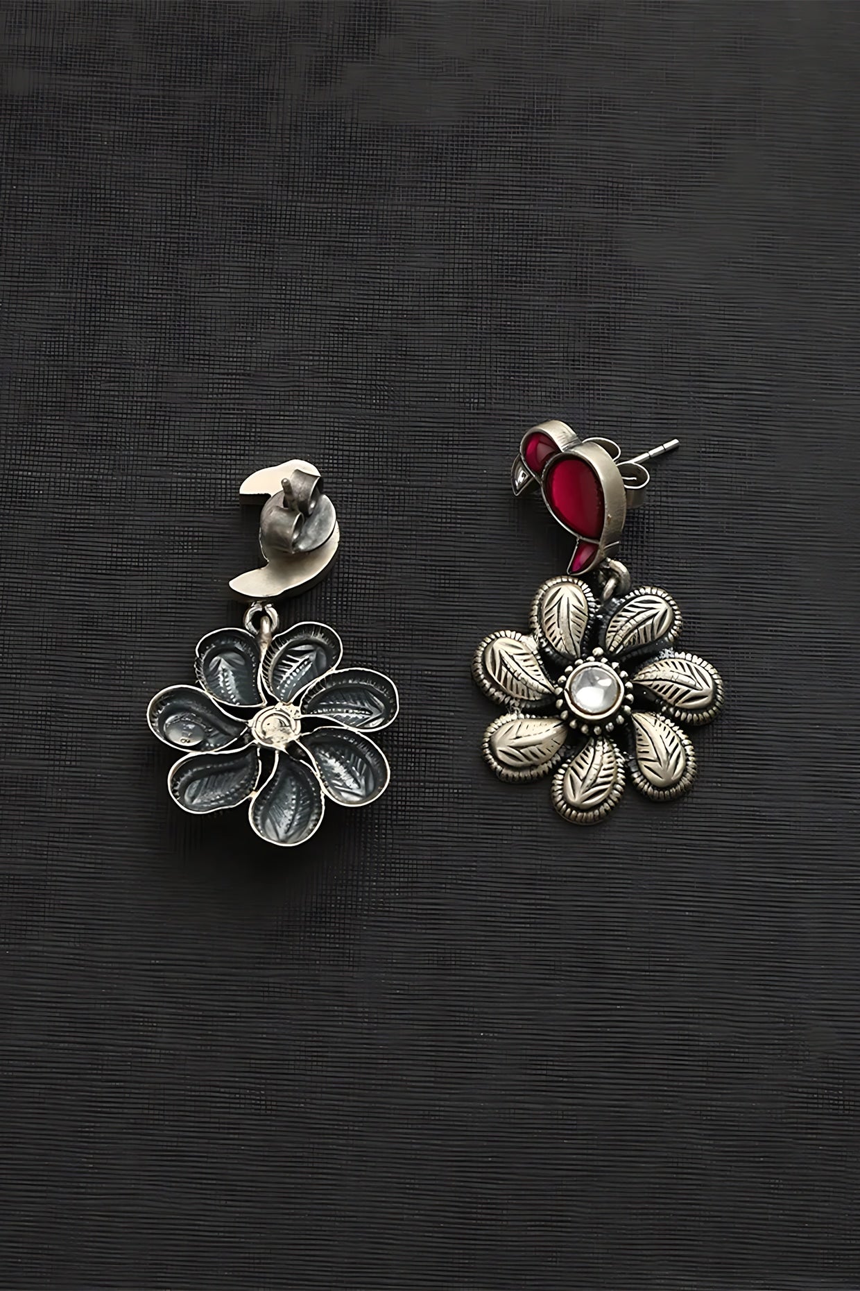 White Finish Red Kundan Polki Temple Bird & Floral Earrings In Sterling Silver