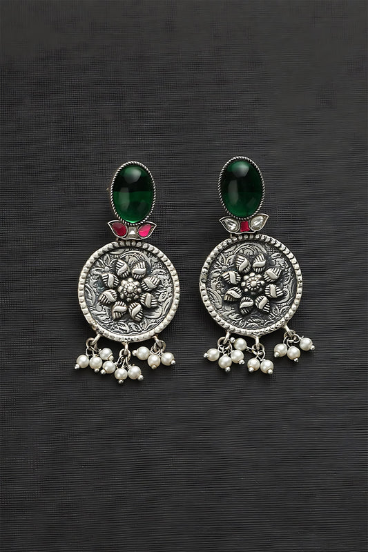 White Finish Green Kundan Polki & Pearl Temple Drop Earrings In Sterling Silver